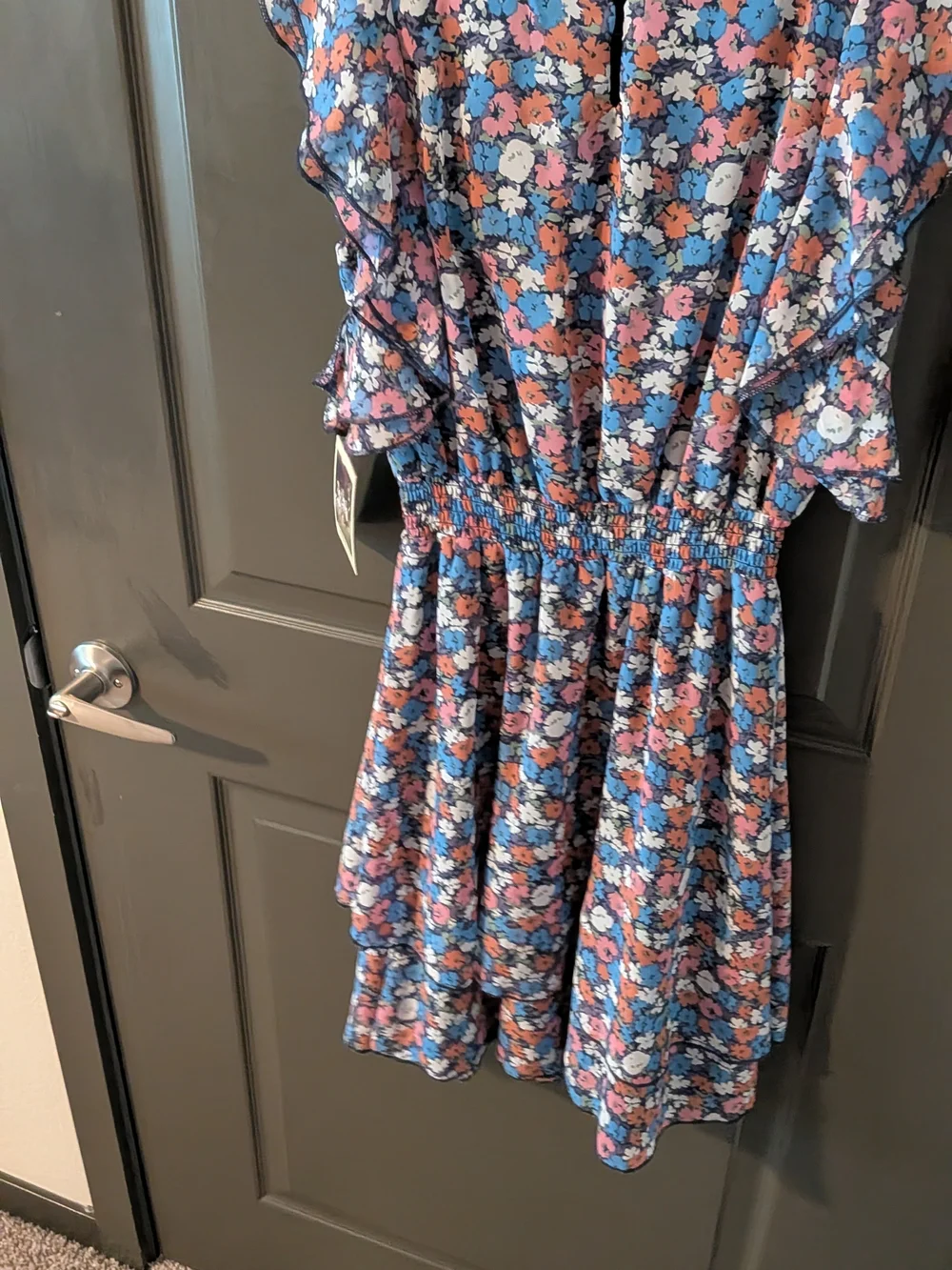 Flowers and Ruffles Smocked Waist Kids Dress - Blue/Pink
